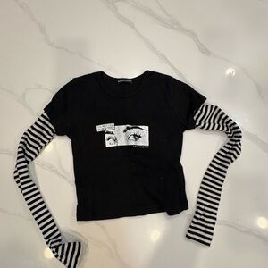 Brandy Melville Black Tee with Striped Sleeves